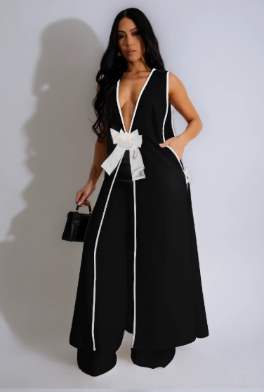 Sleeveless V-Neck Two Piece Set| Long Shirt|Wide Leg Pants