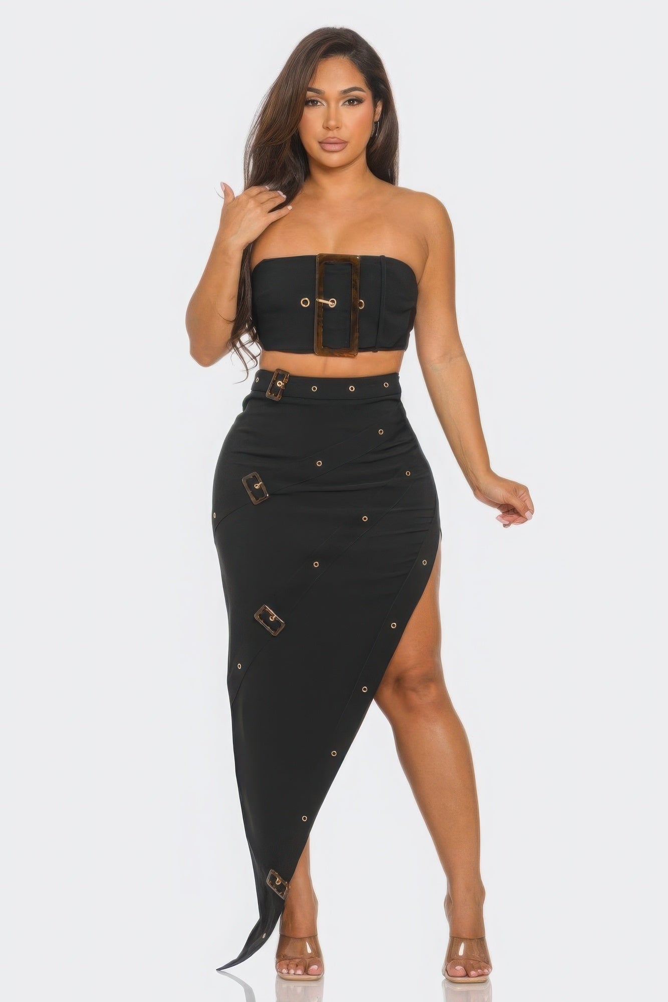 Buckle Belt Top And Skirt Set