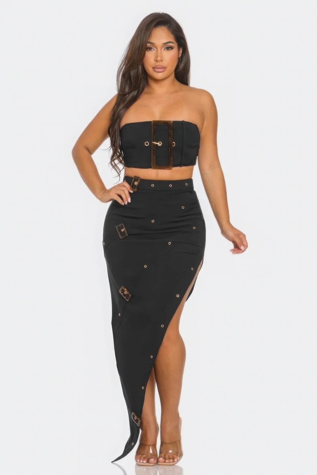 Buckle Belt Top And Skirt Set