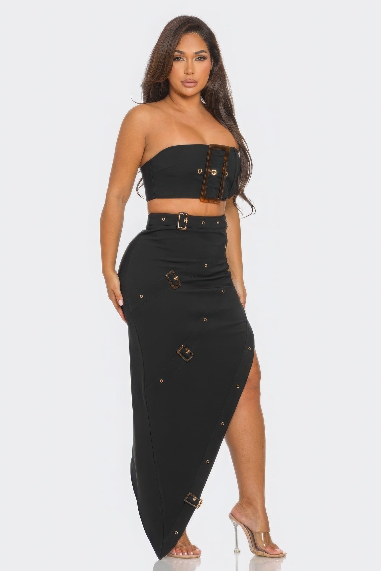 Buckle Belt Top And Skirt Set