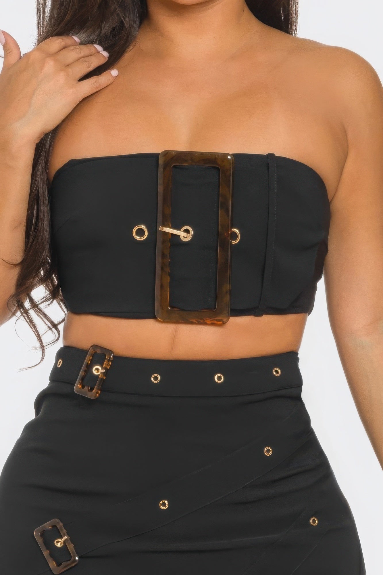 Buckle Belt Top And Skirt Set