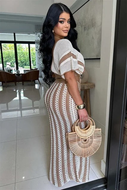 Knitted Striped Two Piece Skirt Set