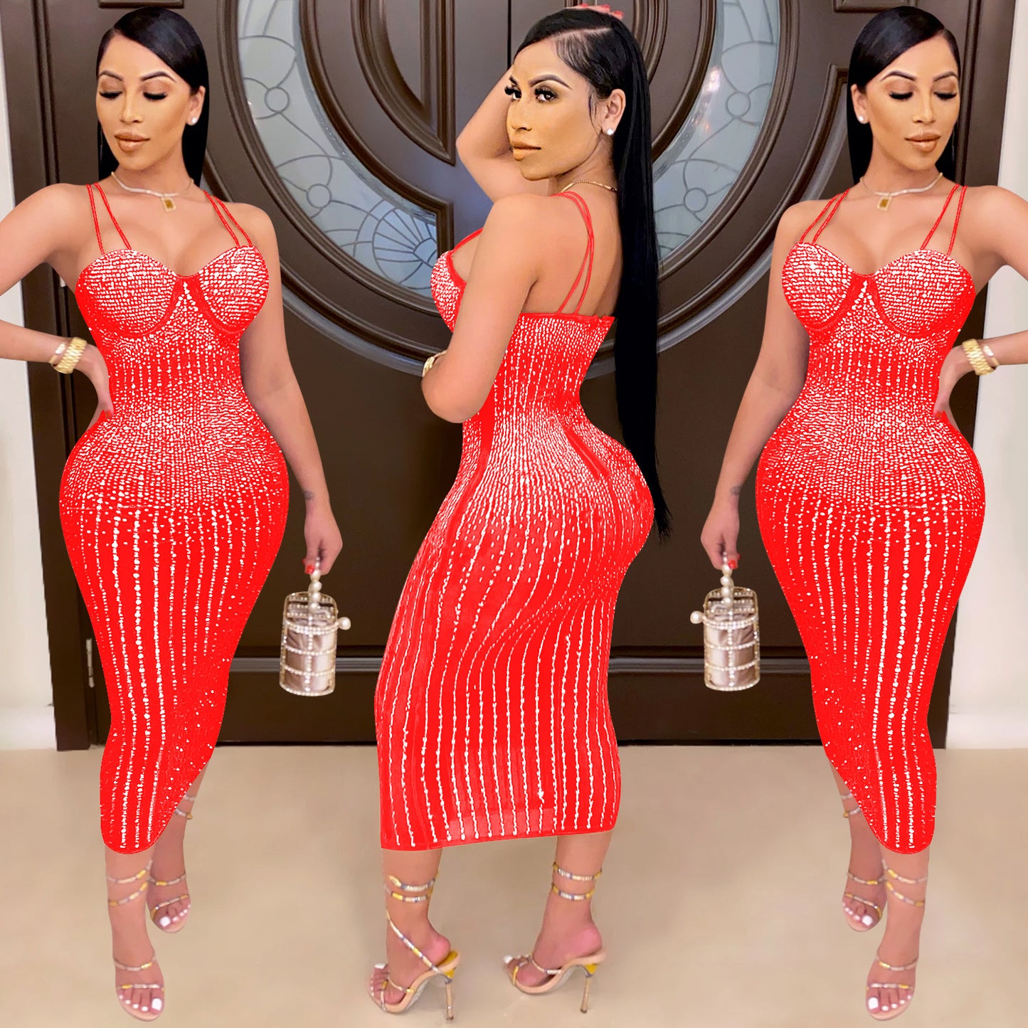 women's strap dress simple style strap diamond sleeveless solid color midi dress party street