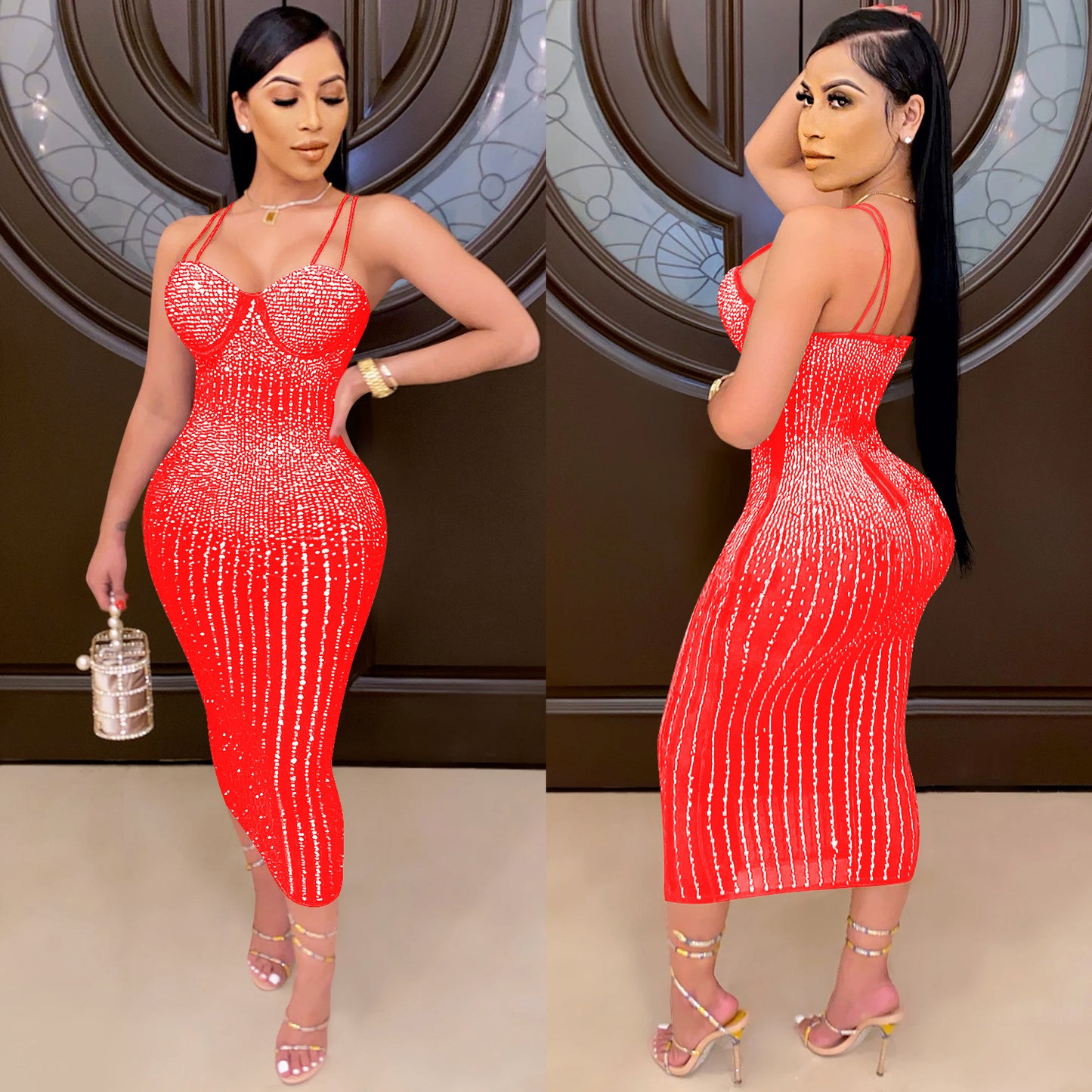 women's strap dress simple style strap diamond sleeveless solid color midi dress party street