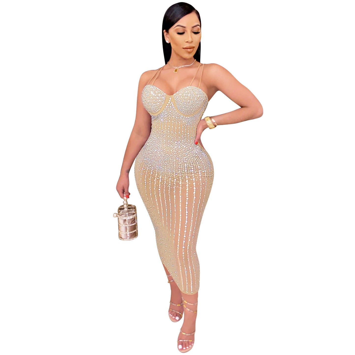 women's strap dress simple style strap diamond sleeveless solid color midi dress party street