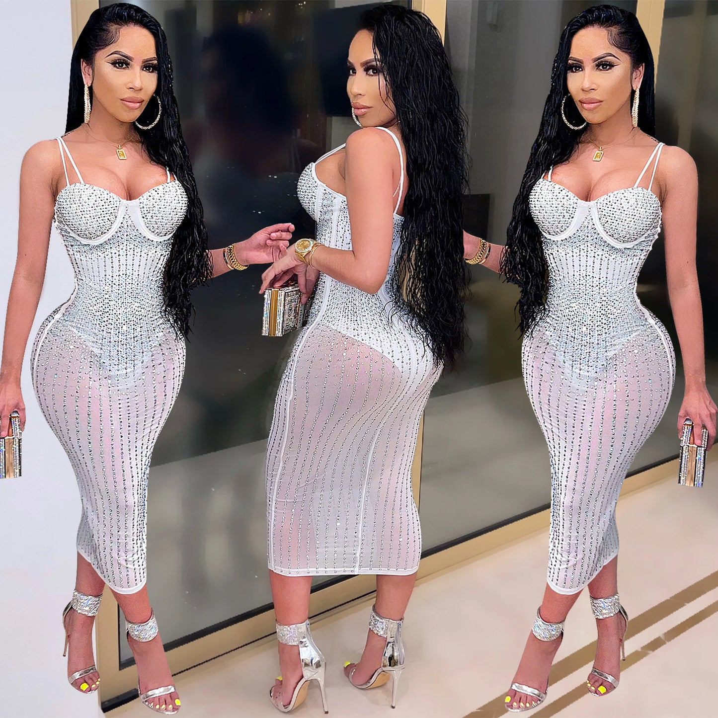 women's strap dress simple style strap diamond sleeveless solid color midi dress party street