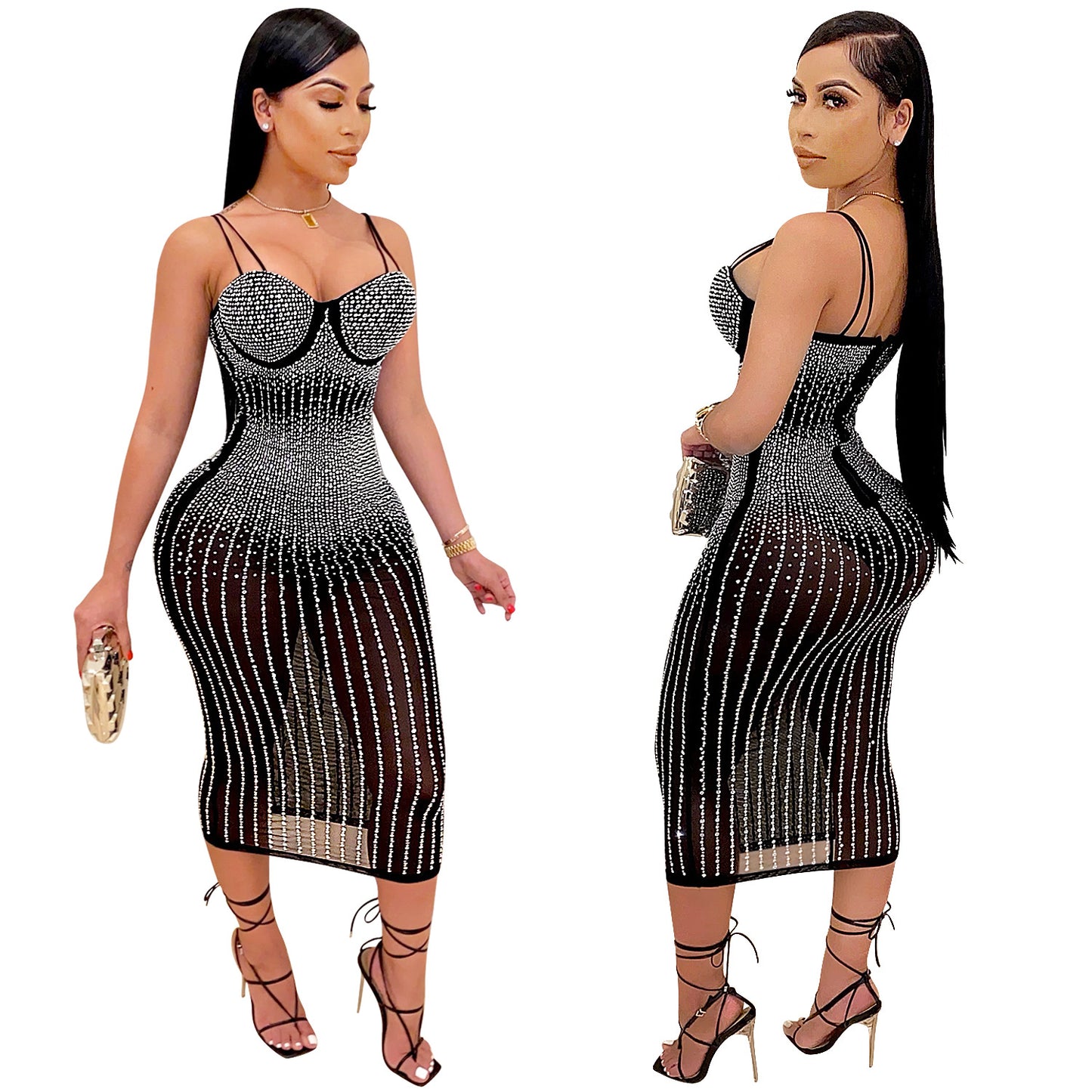 women's strap dress simple style strap diamond sleeveless solid color midi dress party street
