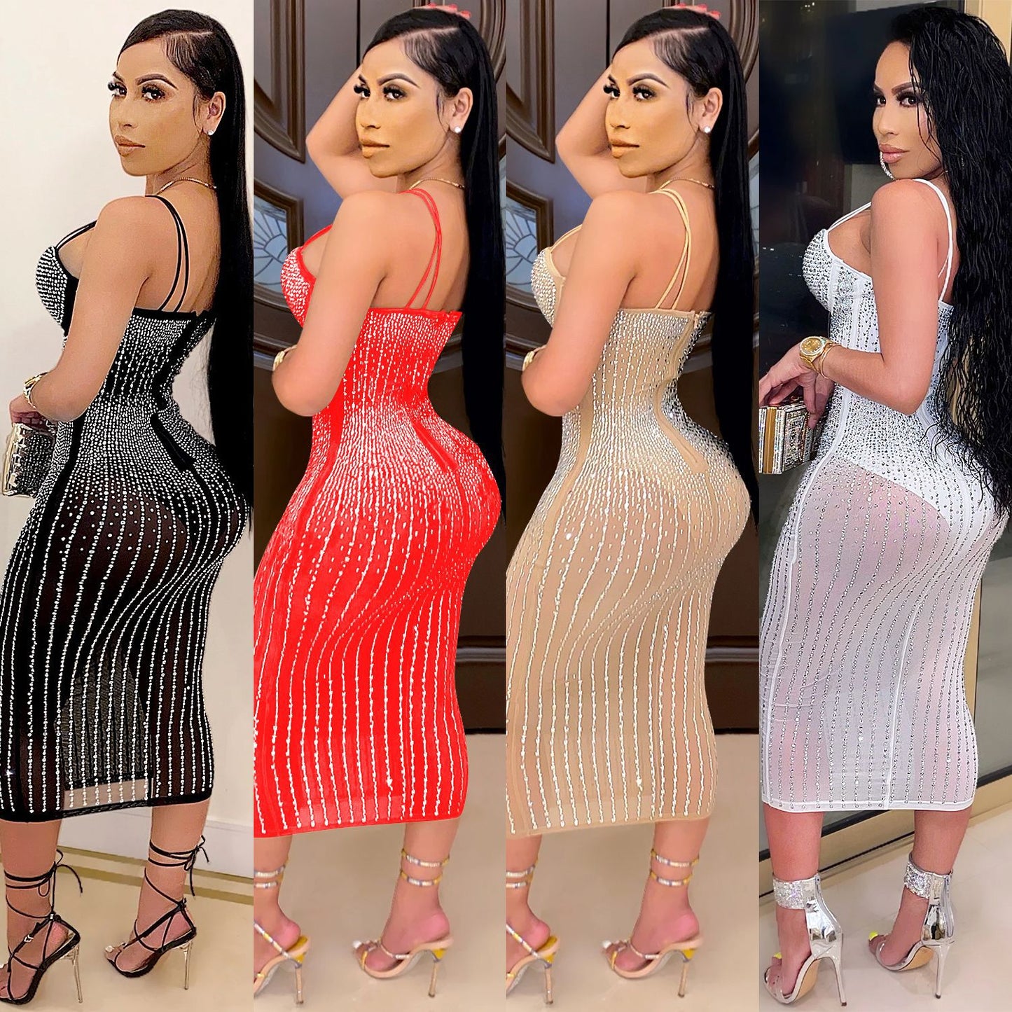 women's strap dress simple style strap diamond sleeveless solid color midi dress party street