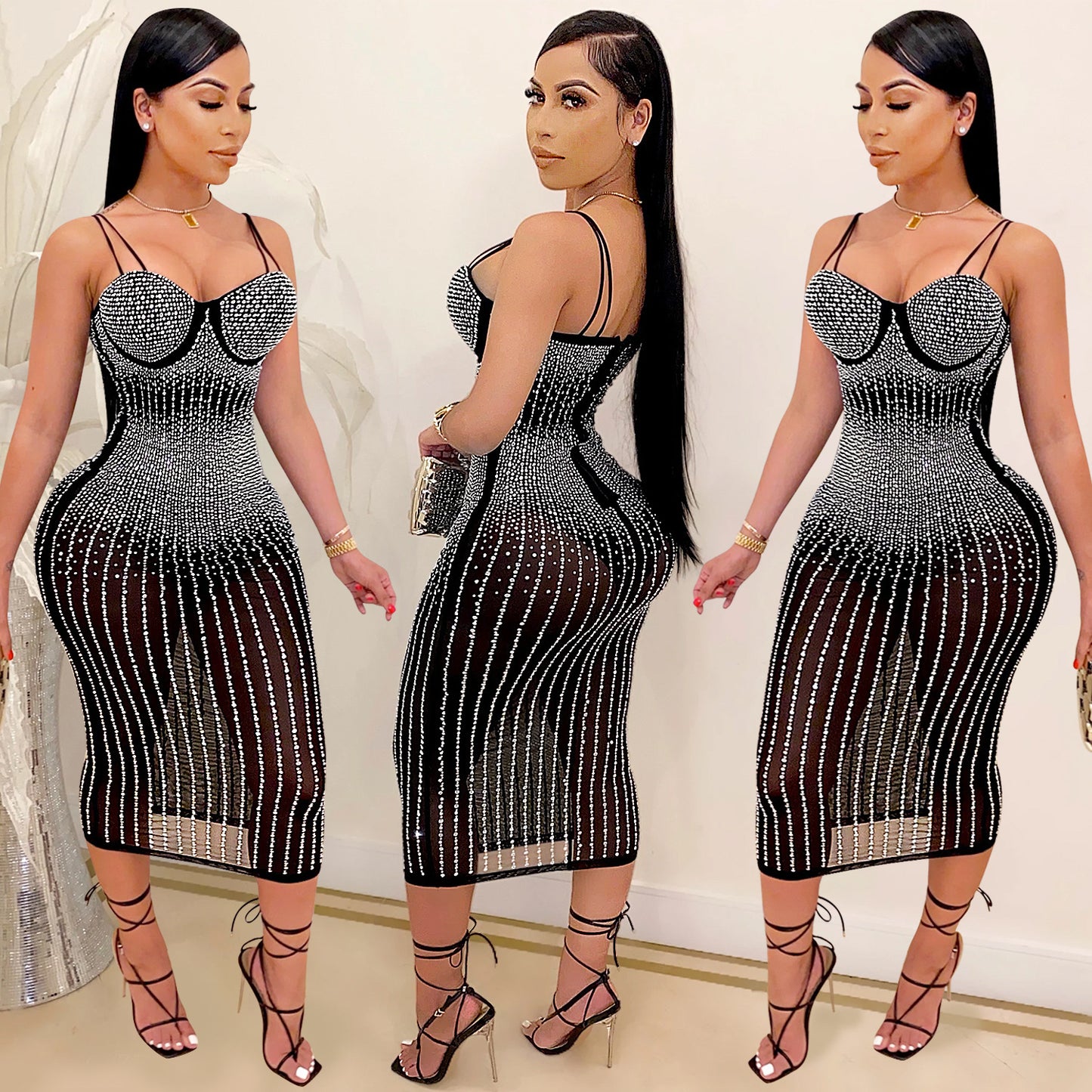 women's strap dress simple style strap diamond sleeveless solid color midi dress party street