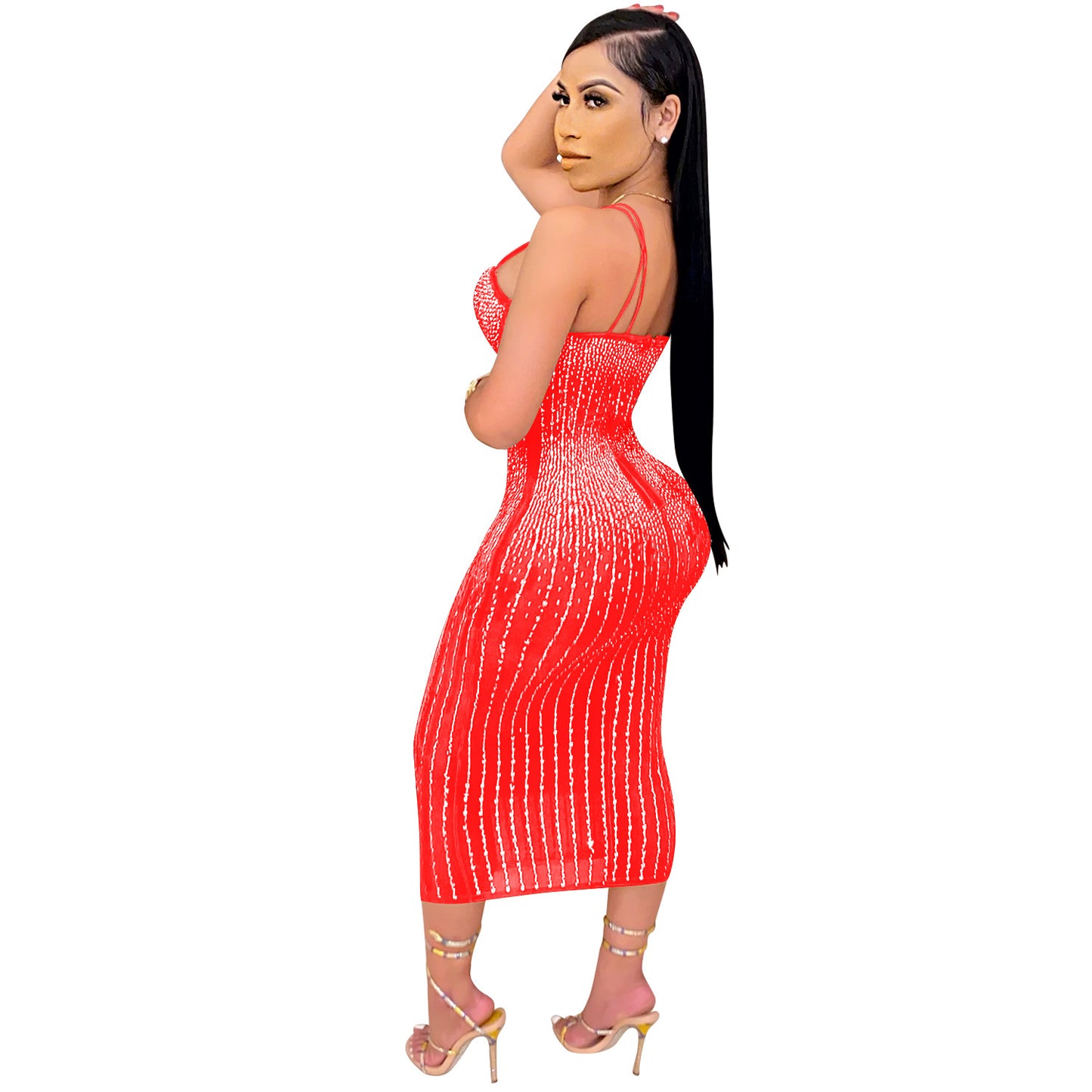 women's strap dress simple style strap diamond sleeveless solid color midi dress party street