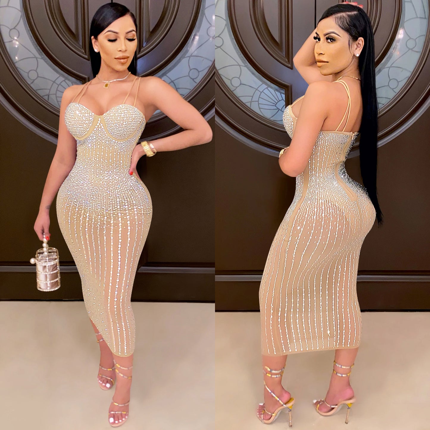 women's strap dress simple style strap diamond sleeveless solid color midi dress party street