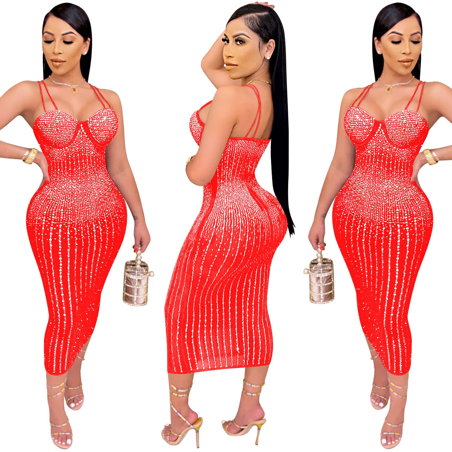 women's strap dress simple style strap diamond sleeveless solid color midi dress party street