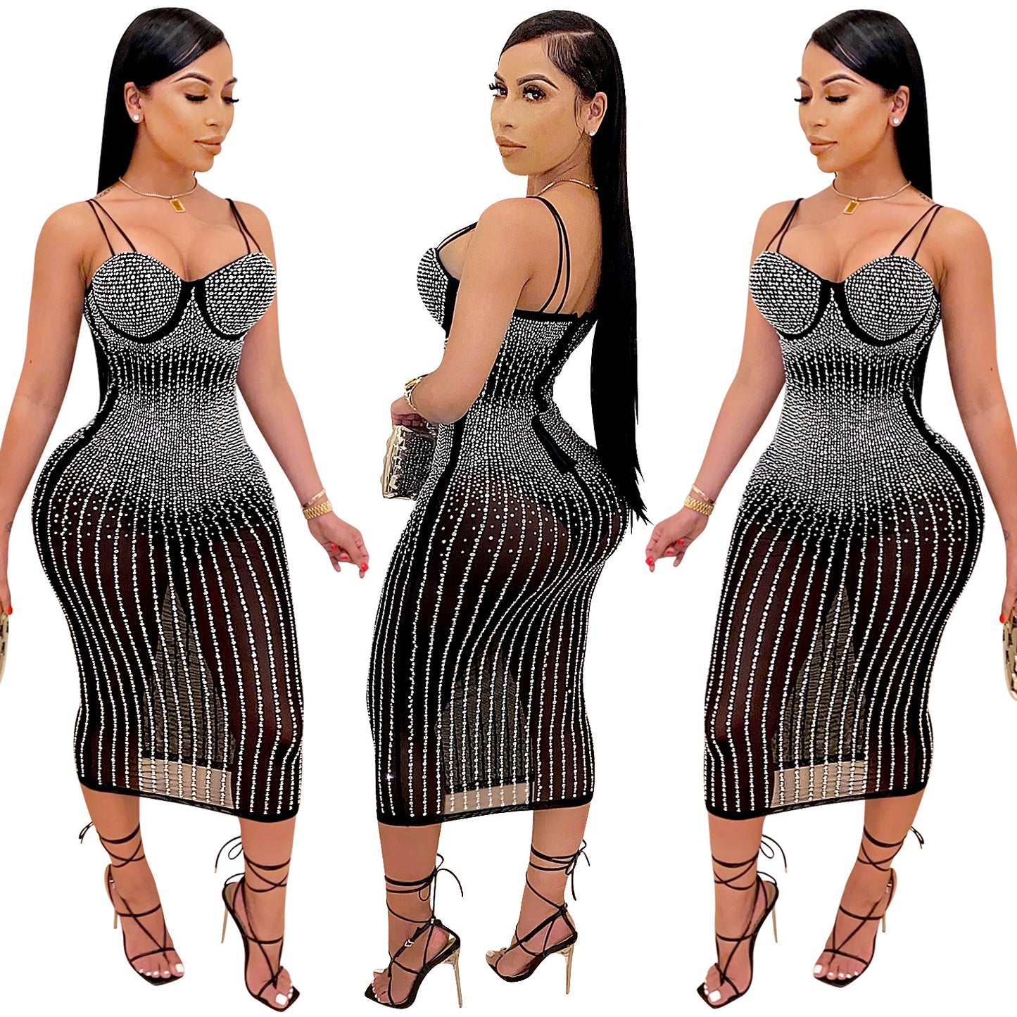 women's strap dress simple style strap diamond sleeveless solid color midi dress party street