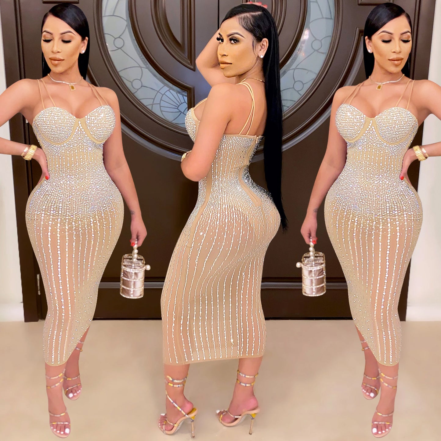 women's strap dress simple style strap diamond sleeveless solid color midi dress party street