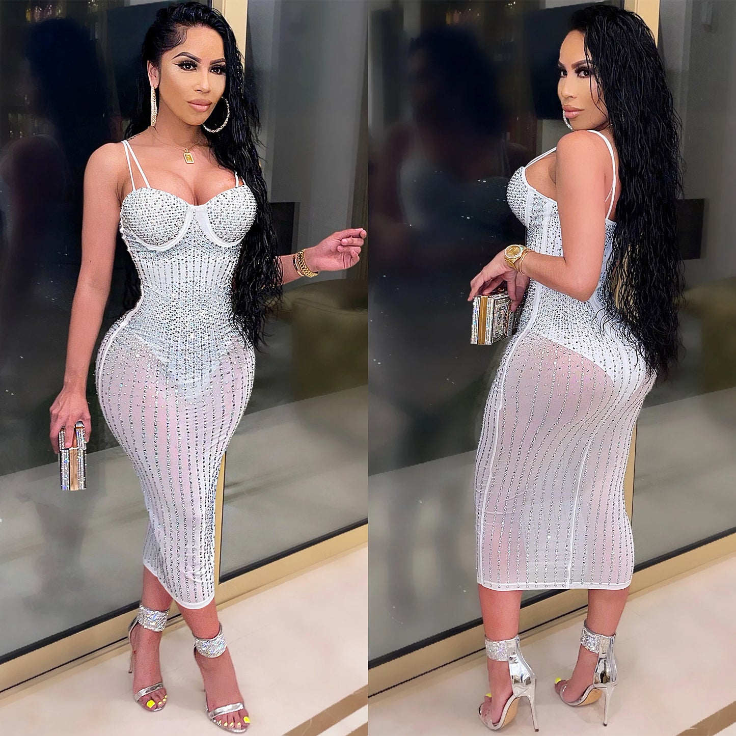 women's strap dress simple style strap diamond sleeveless solid color midi dress party street