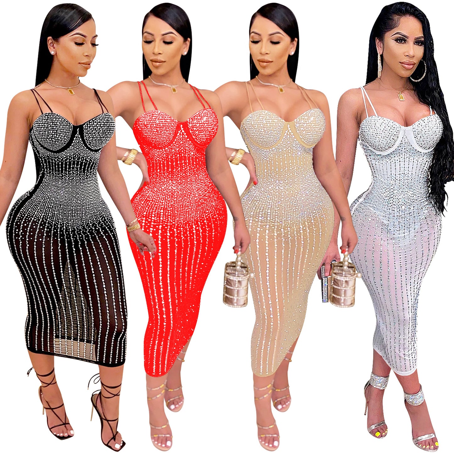 women's strap dress simple style strap diamond sleeveless solid color midi dress party street