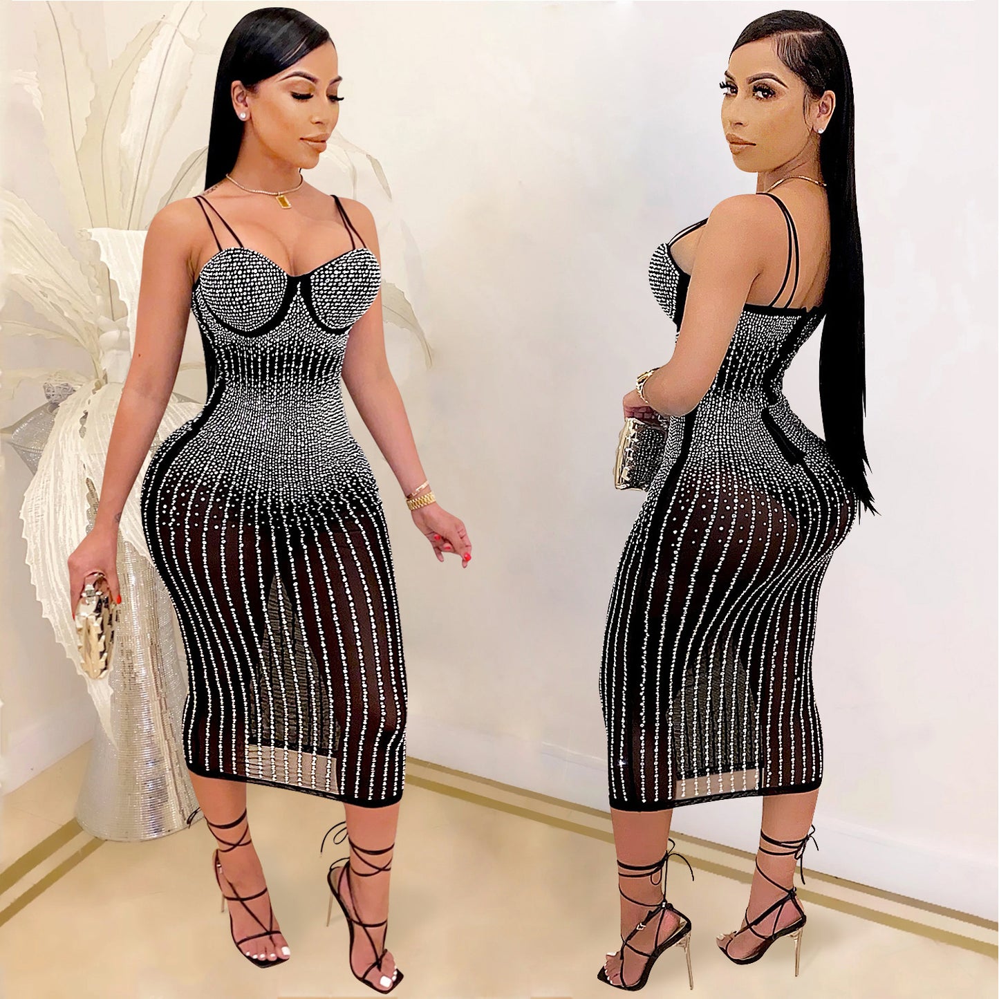 women's strap dress simple style strap diamond sleeveless solid color midi dress party street