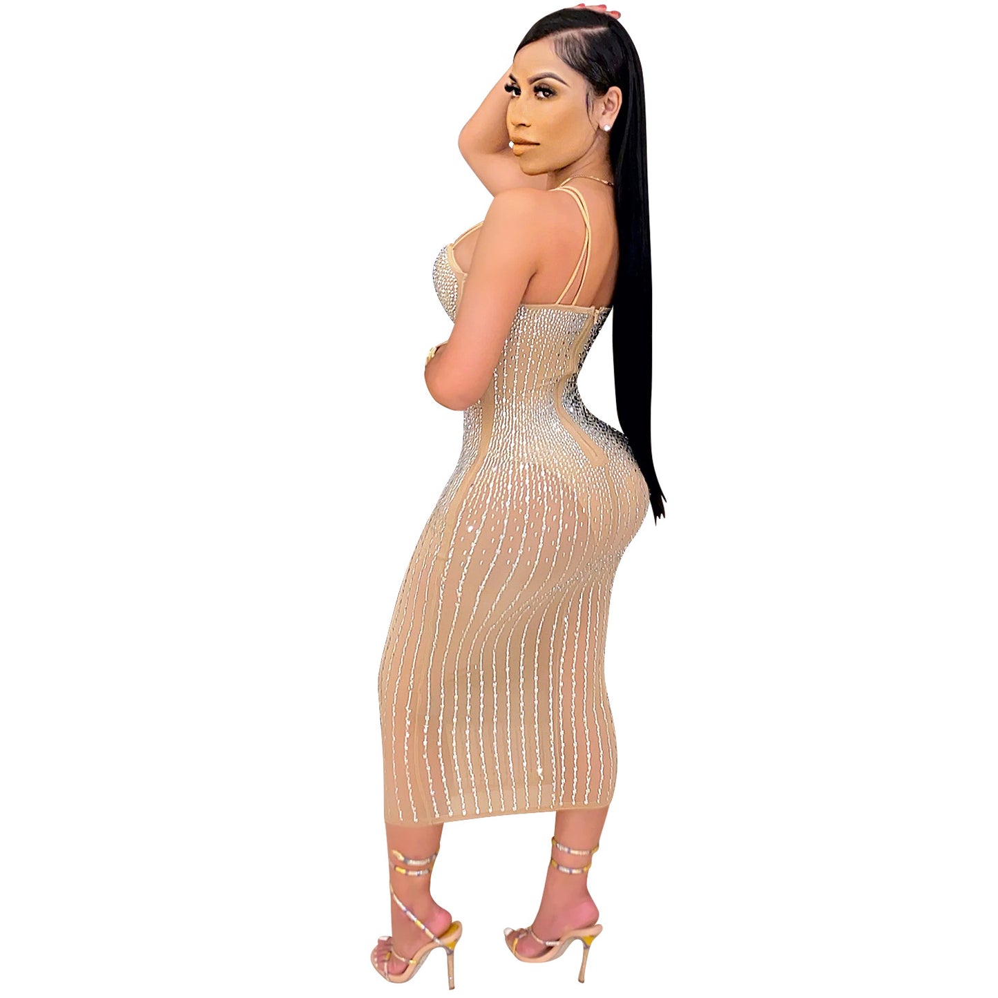 women's strap dress simple style strap diamond sleeveless solid color midi dress party street