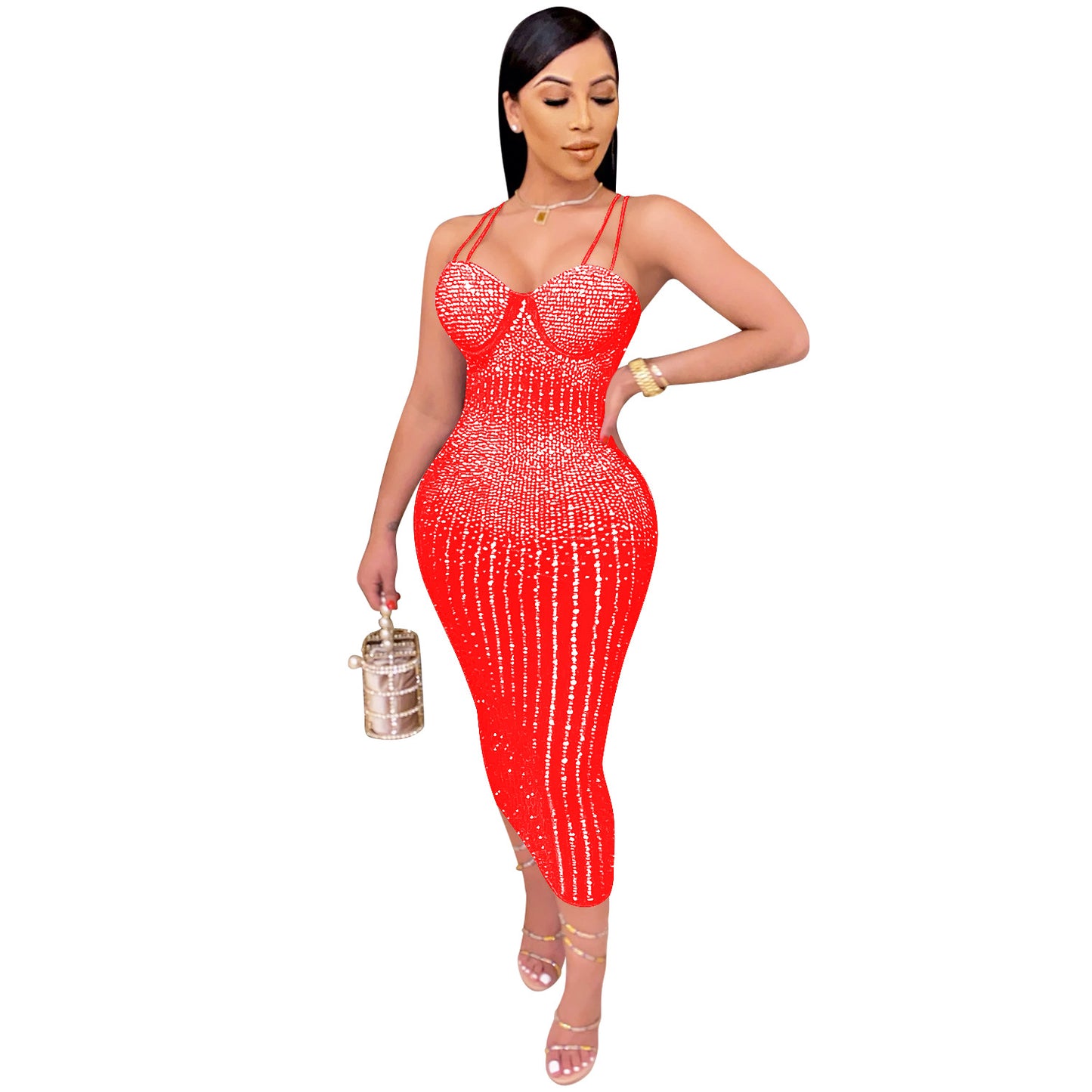women's strap dress simple style strap diamond sleeveless solid color midi dress party street