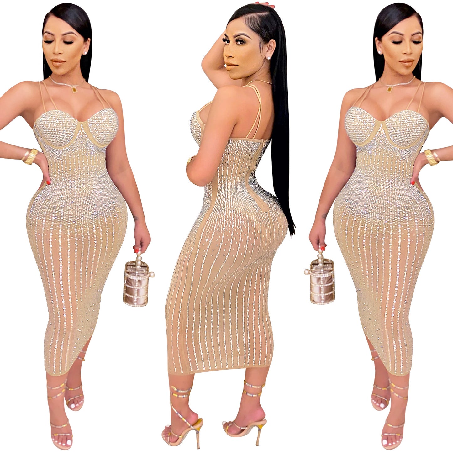 women's strap dress simple style strap diamond sleeveless solid color midi dress party street