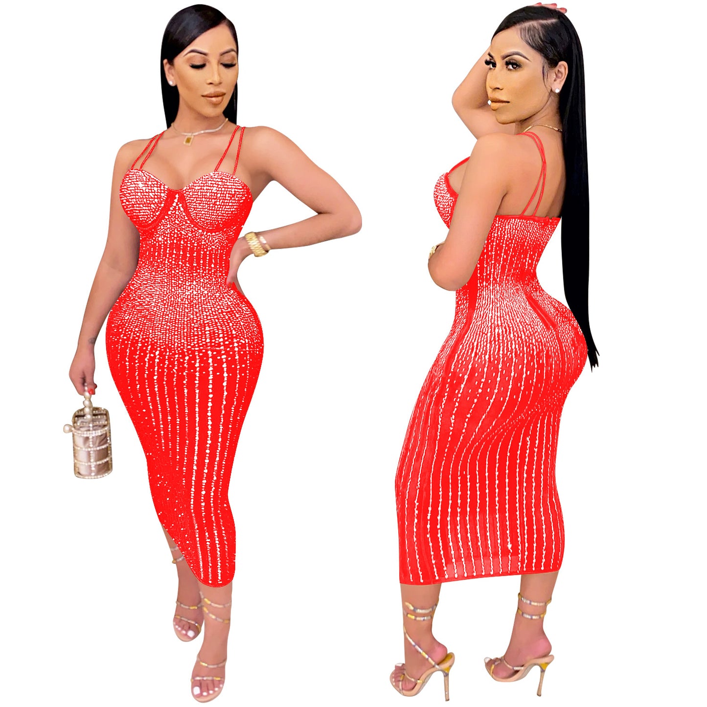 women's strap dress simple style strap diamond sleeveless solid color midi dress party street