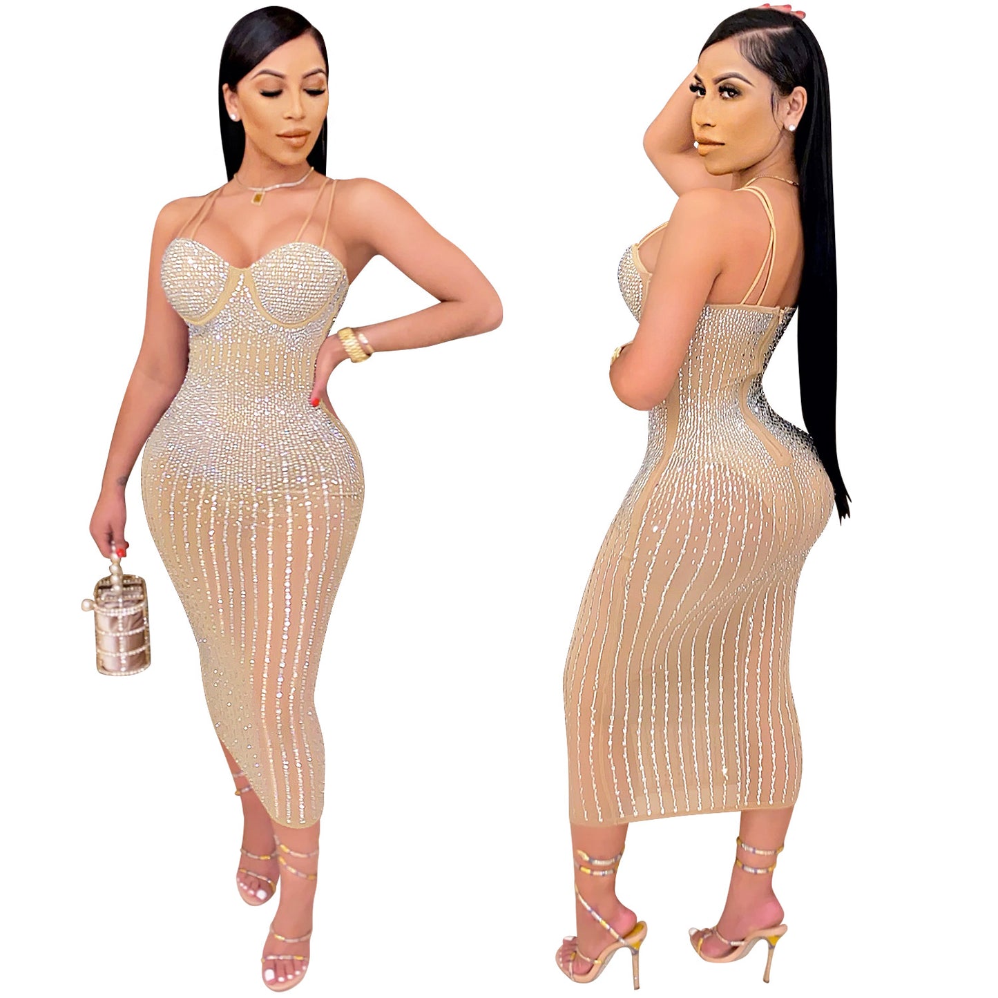 women's strap dress simple style strap diamond sleeveless solid color midi dress party street