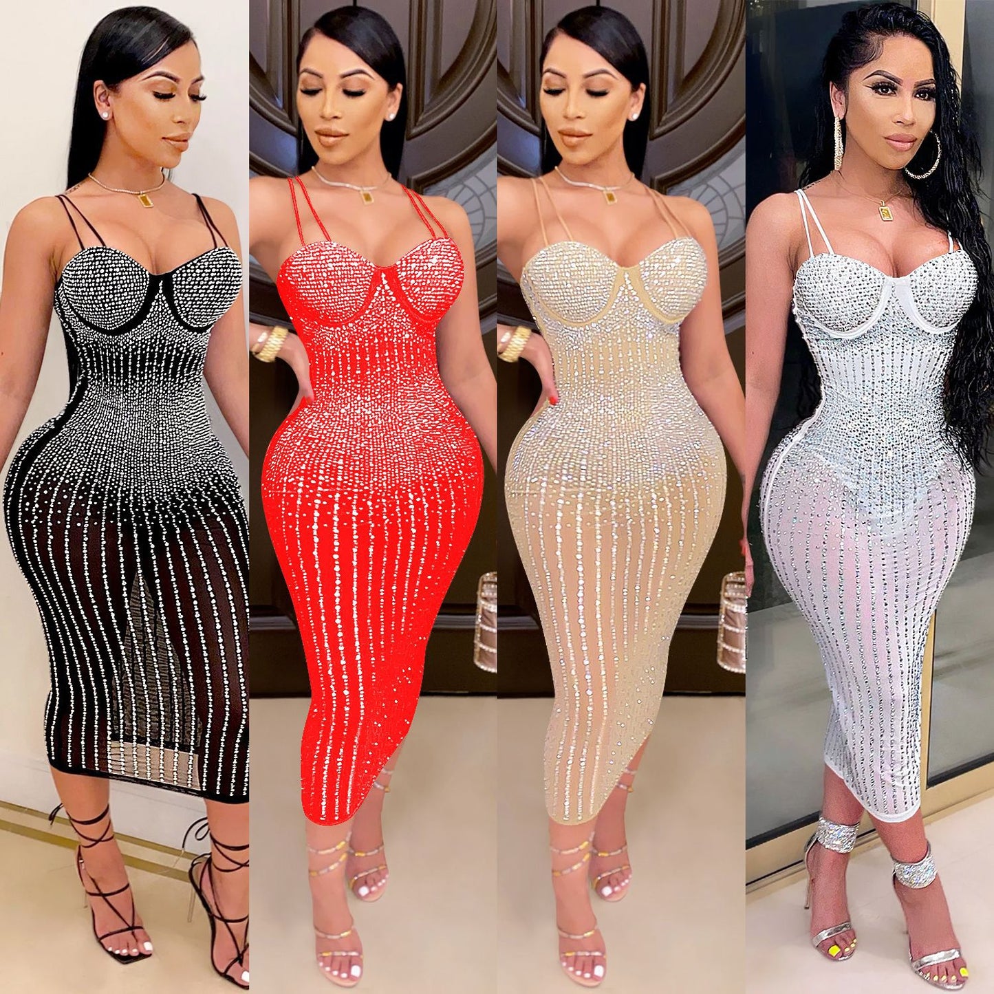 women's strap dress simple style strap diamond sleeveless solid color midi dress party street