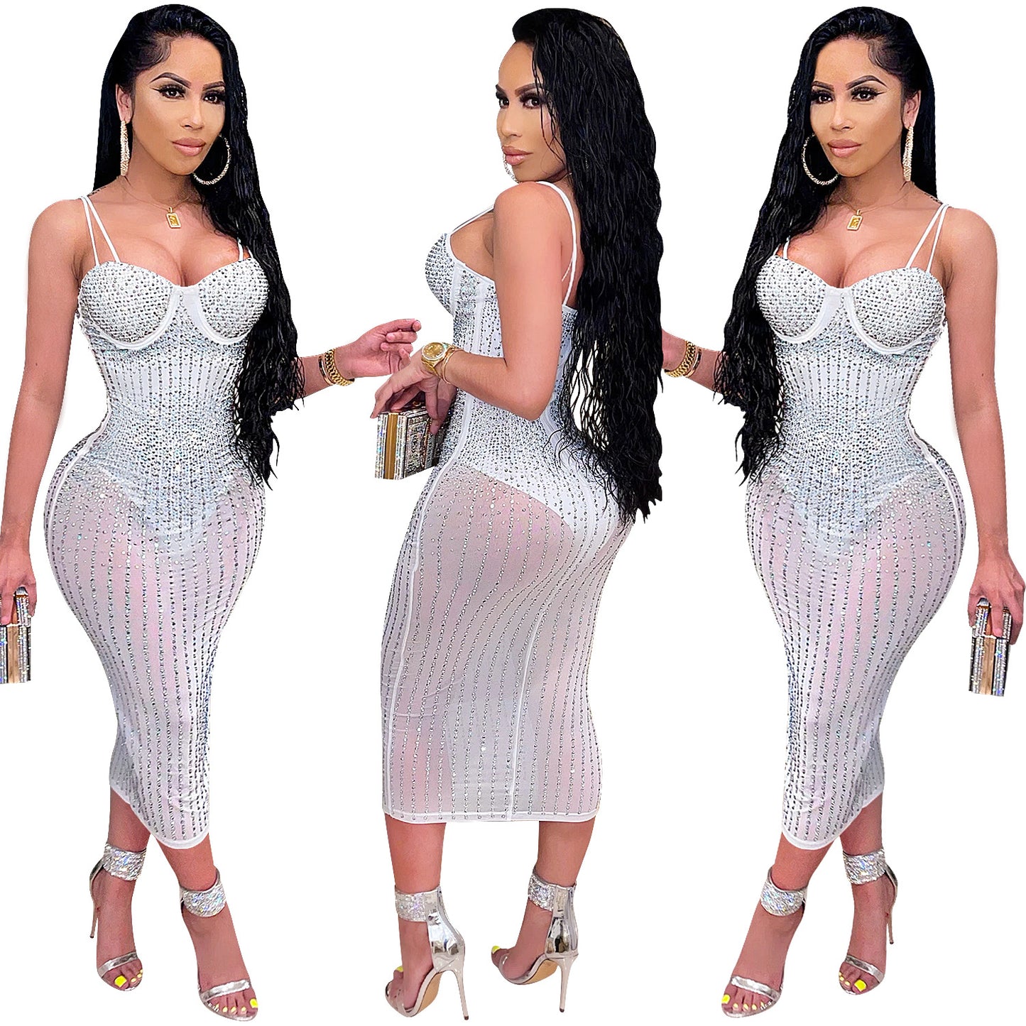 women's strap dress simple style strap diamond sleeveless solid color midi dress party street