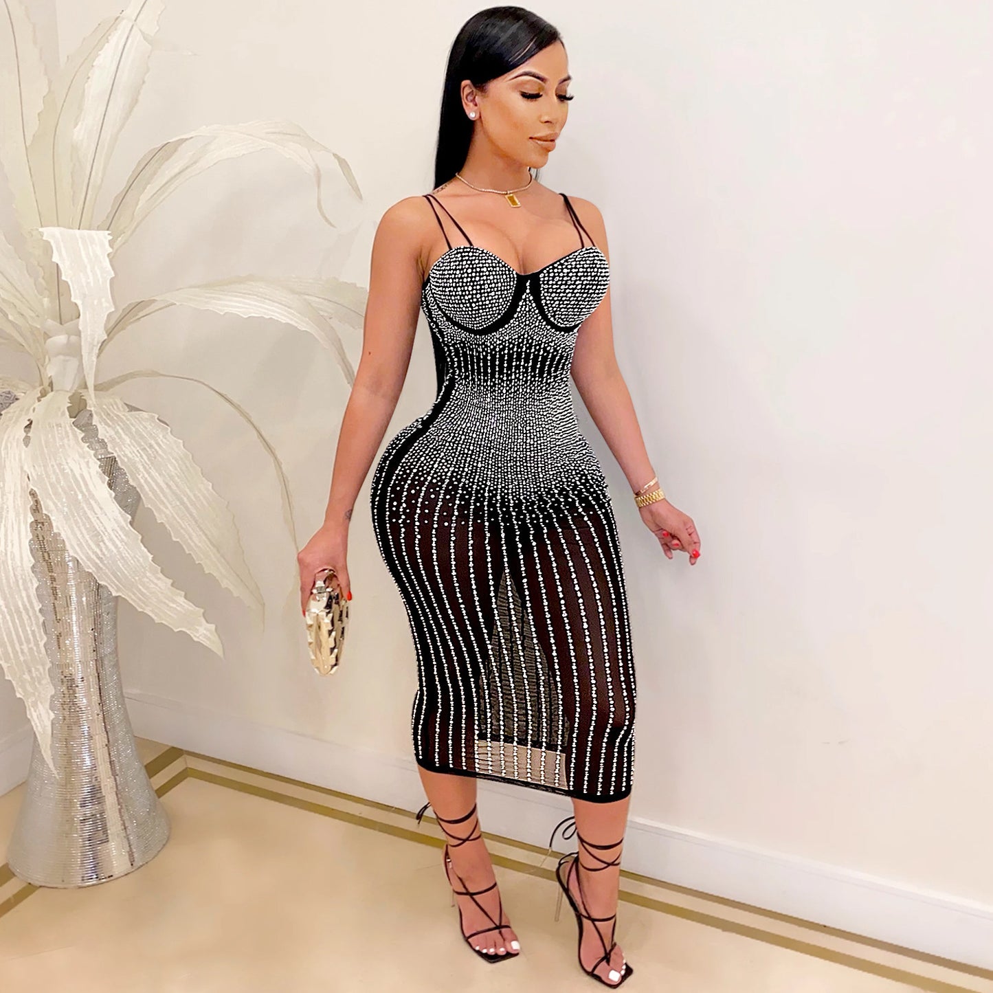 women's strap dress simple style strap diamond sleeveless solid color midi dress party street