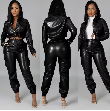 Two Piece Cardigan PU Leather Pants Set