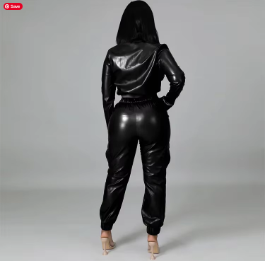 Two Piece Cardigan PU Leather Pants Set