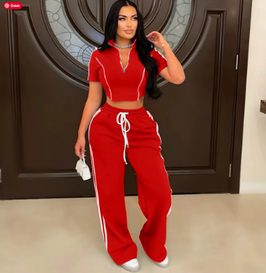 Red Two Piece Crop Top Jogging Set