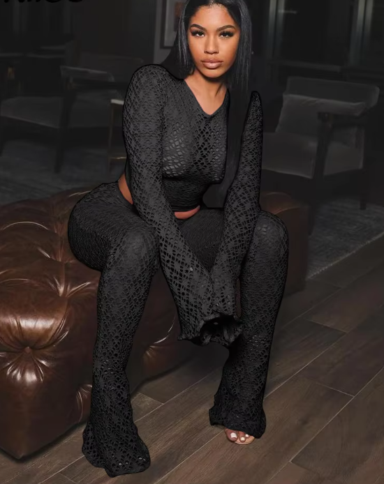 2 Piece Set Solid Long Sleeve Top+High Waist Flare Pants