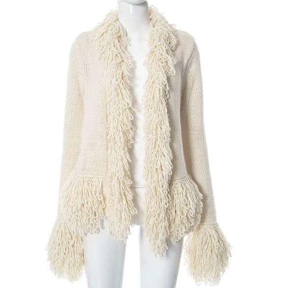 Cream Fringe Knit Sweater|Long Sleeves