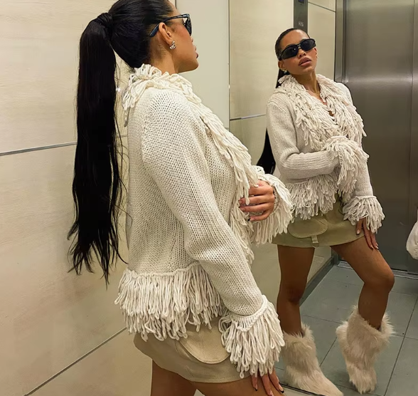Cream Fringe Knit Sweater|Long Sleeves