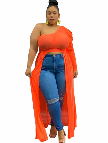 Plus Size One Sleeve Mesh Orange Shirt