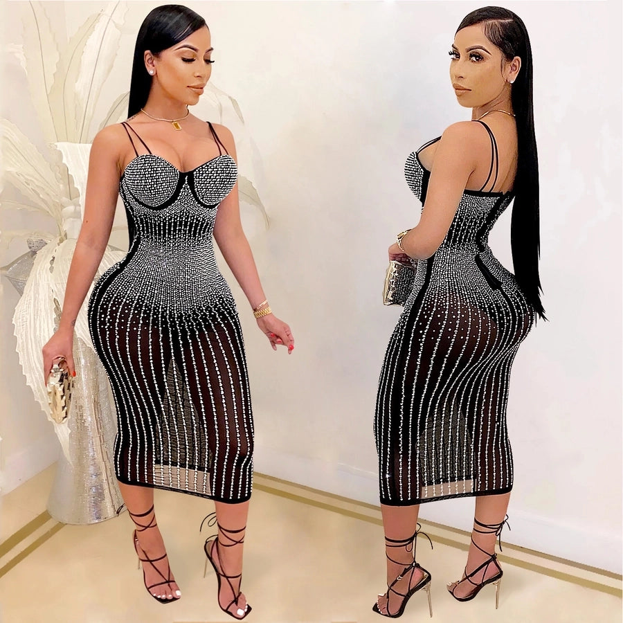 women's strap dress simple style strap diamond sleeveless solid color midi dress party street
