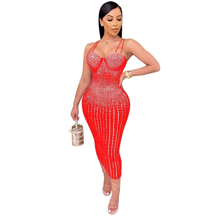 women's strap dress simple style strap diamond sleeveless solid color midi dress party street