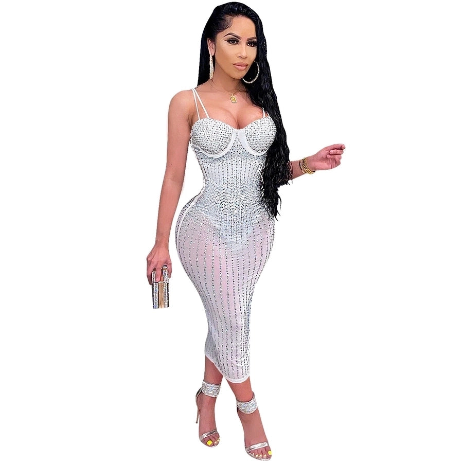 women's strap dress simple style strap diamond sleeveless solid color midi dress party street