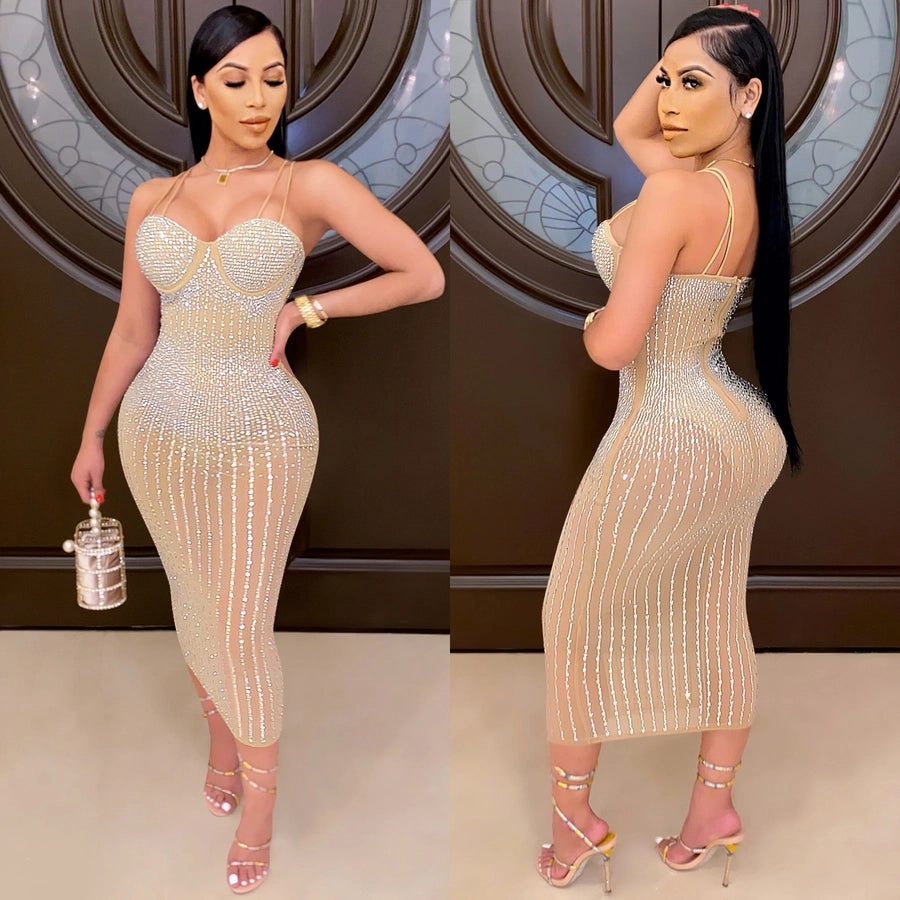 women's strap dress simple style strap diamond sleeveless solid color midi dress party street