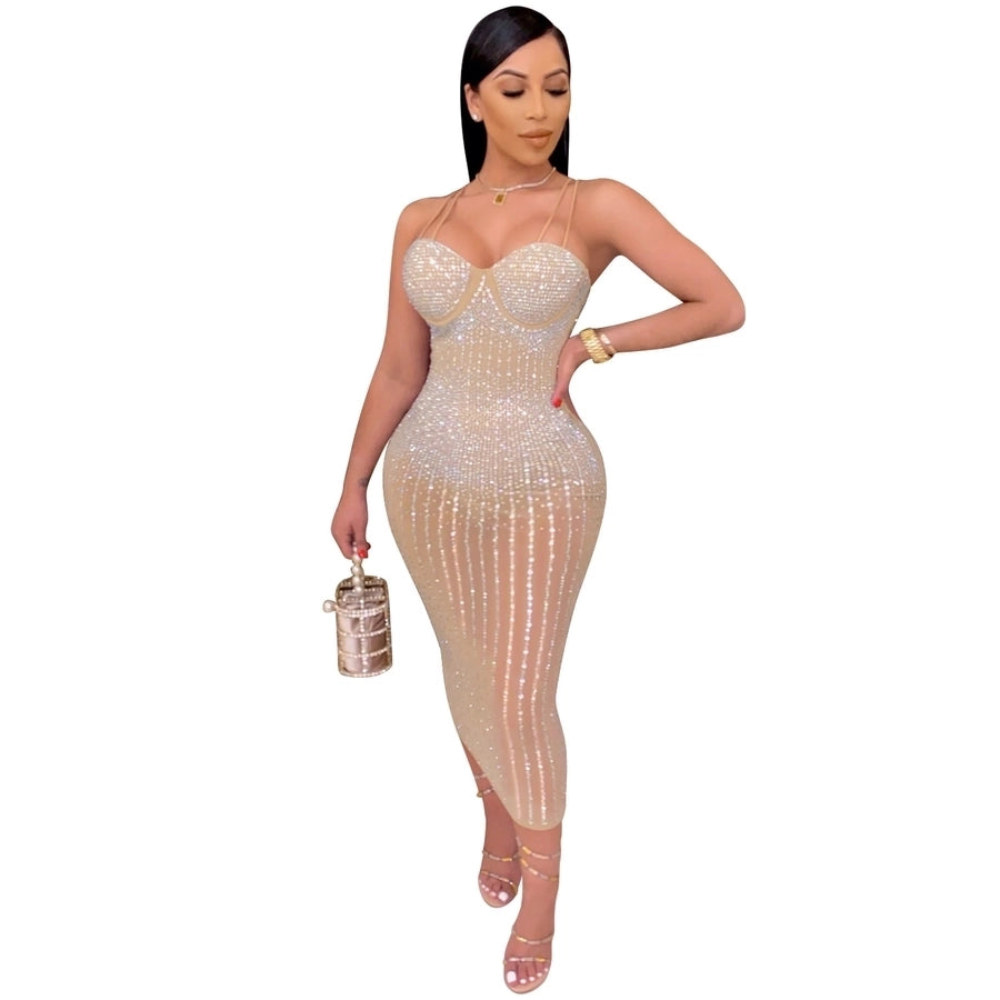 women's strap dress simple style strap diamond sleeveless solid color midi dress party street