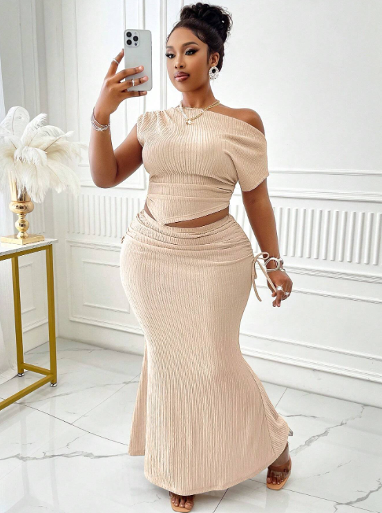 Plus Size Asymmetrical Pleated Top and Skirt Set