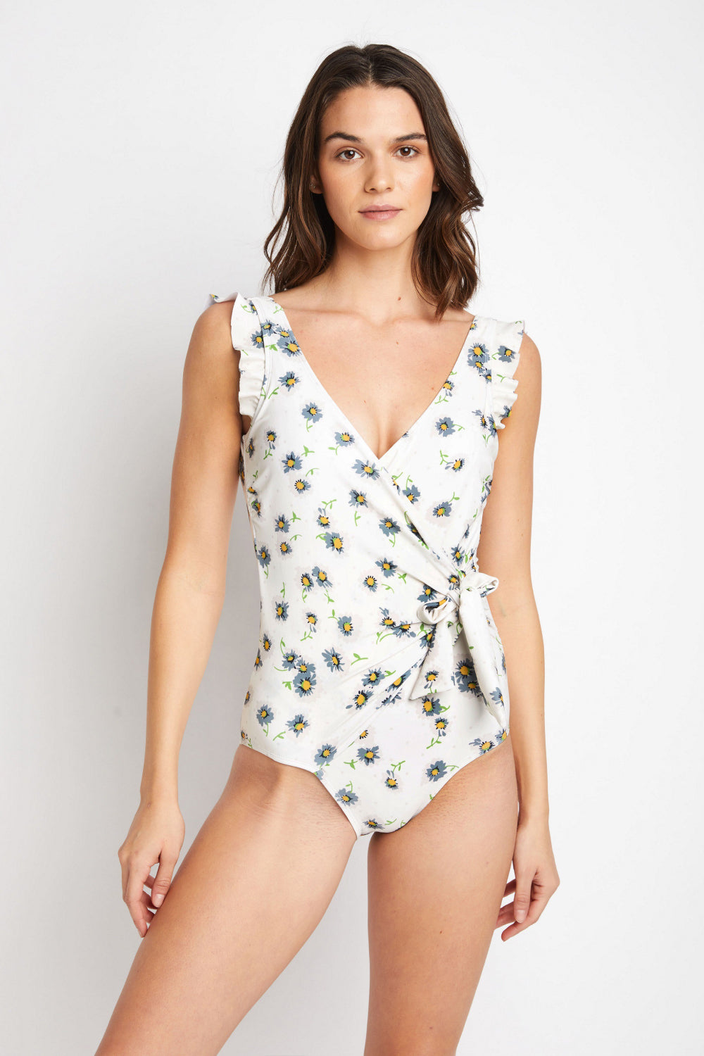 Ruffle Faux Wrap One-Piece in Daisy Cream