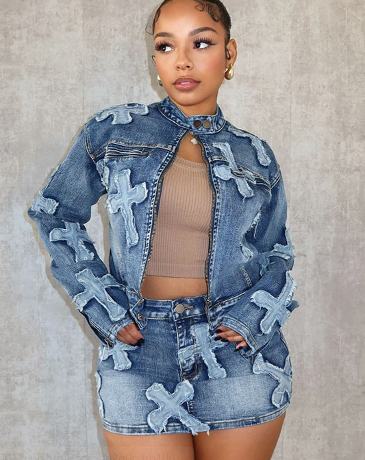 2 Piece Denim Set Mini Skirt Plus Jacket