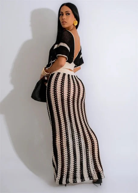Knitted Striped Two Piece Skirt Set
