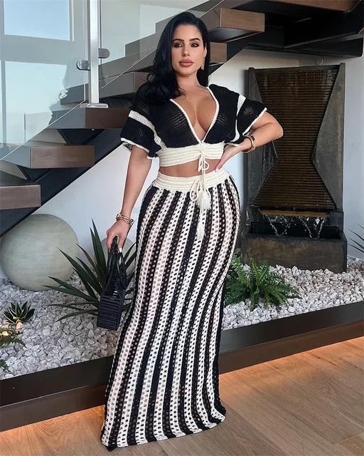 Knitted Striped Two Piece Skirt Set