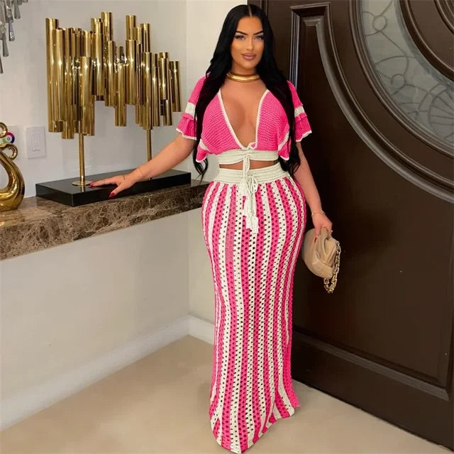 Knitted Striped Two Piece Skirt Set