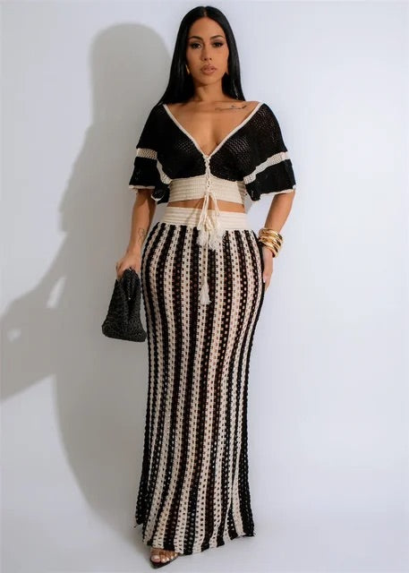 Knitted Striped Two Piece Skirt Set