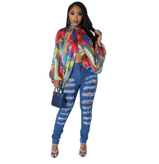 Sexy Printed Sheer Blouse