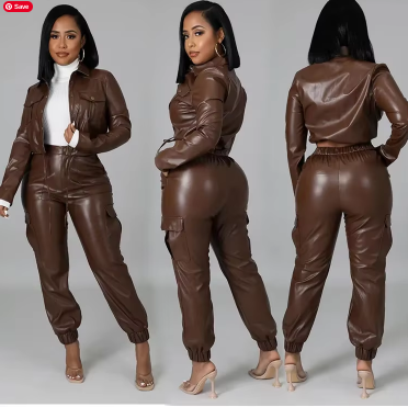 Two Piece Cardigan PU Leather Pants Set